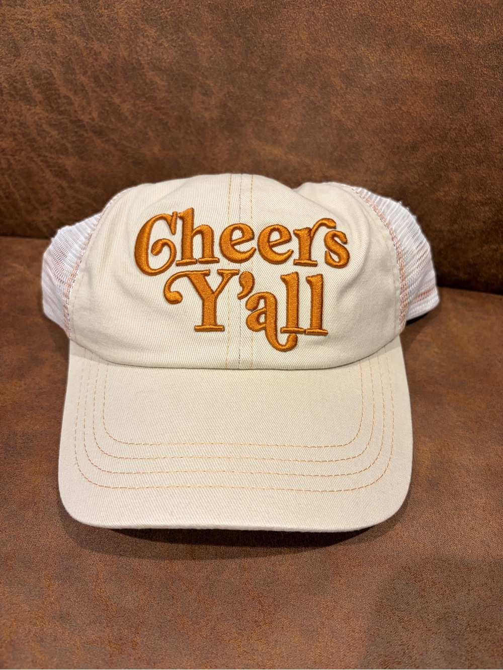 Cheers Y'all Embroidered Trucker Hat - Cream and Orange